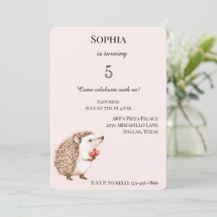 Invitación Rubor Pink Cute Hedgehog Red Hearts Cumpleaños