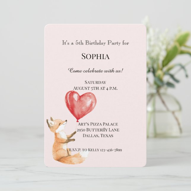 Invitación Rubor Pink Cute Woodland Fox Red Hearts Cumpleaños (Anverso de pie)