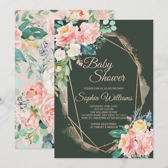 Invitación Rubor Pink, Dark Green y Gold Baby Shower (Anverso / Reverso)