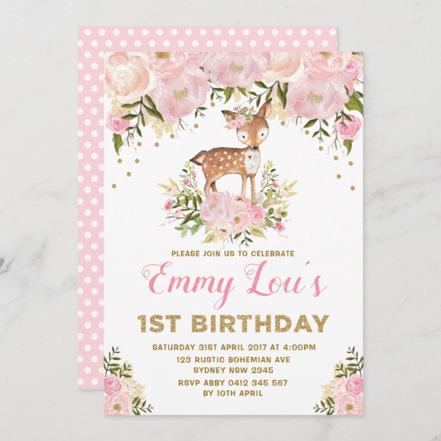Invitación Rubor Pink Deer 1er cumpleaños acuarela Floral (Anverso / Reverso)