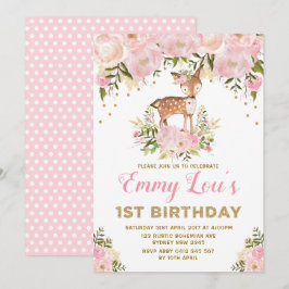 Invitación Rubor Pink Deer 1er cumpleaños acuarela Floral