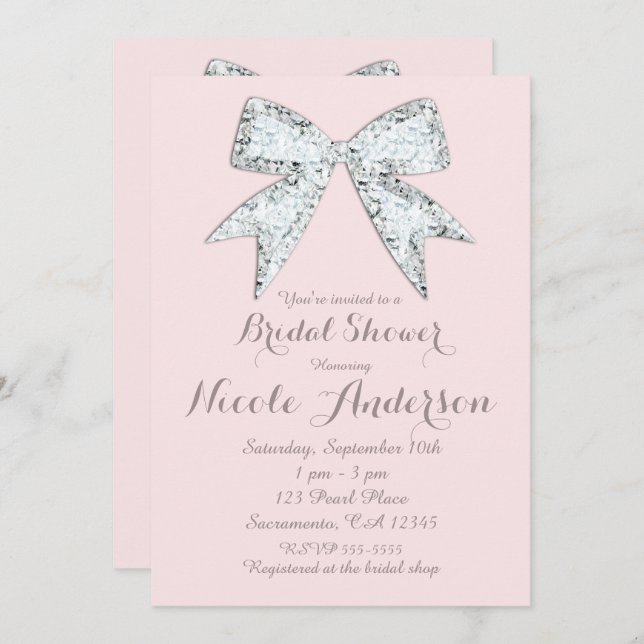 Invitación Rubor Pink Diamond Bling Bow Glam Brigam Shower (Anverso / Reverso)