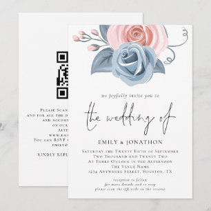 Invitación Rubor Pink Dusty Blue Florals Boda de código QR