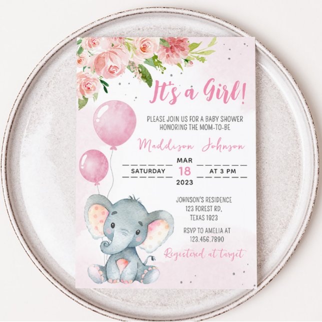 Invitación Rubor Pink Elephant Baby Shower (Pink Floral Baby Elephant Baby Shower Invitation)