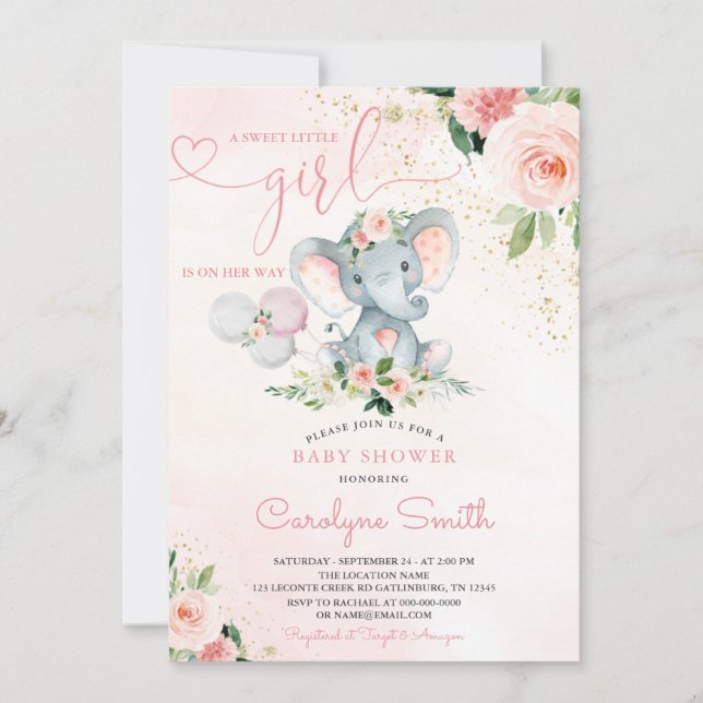 Invitación Rubor Pink Elephant Baby Shower (Anverso)