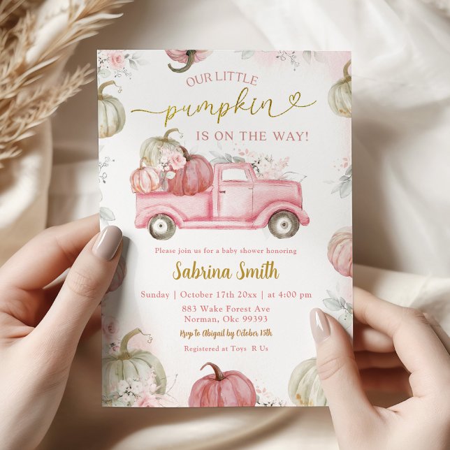 Invitación Rubor Pink Fall Pumpkin Truck Baby Shower (Subido por el creador)