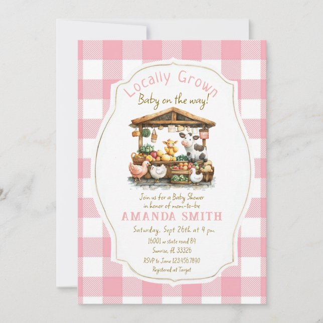 Invitación Rubor Pink Farm Gingham Market Baby Shower (Anverso)