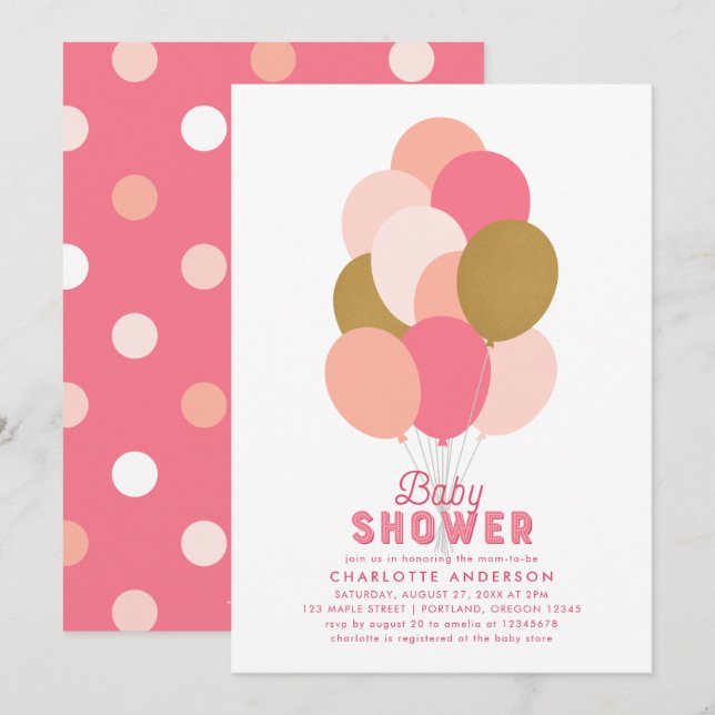 Invitación Rubor Pink Faux Gold Balloons Baby Shower (Anverso / Reverso)