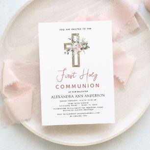 Invitación Rubor Pink First Holy Communia Rosa Floral