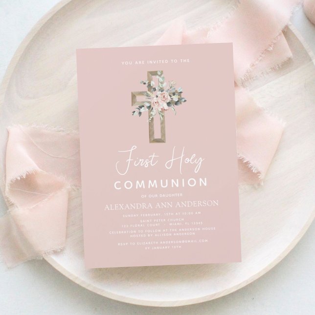Invitación Rubor Pink First Holy Communia Rosa Floral (Subido por el creador)