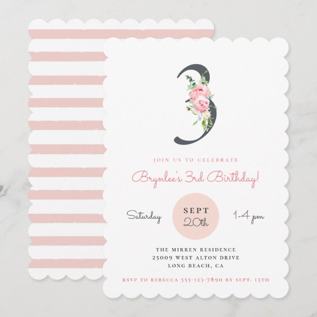 Invitación Rubor Pink Floral 3er cumpleaños (Anverso / Reverso)