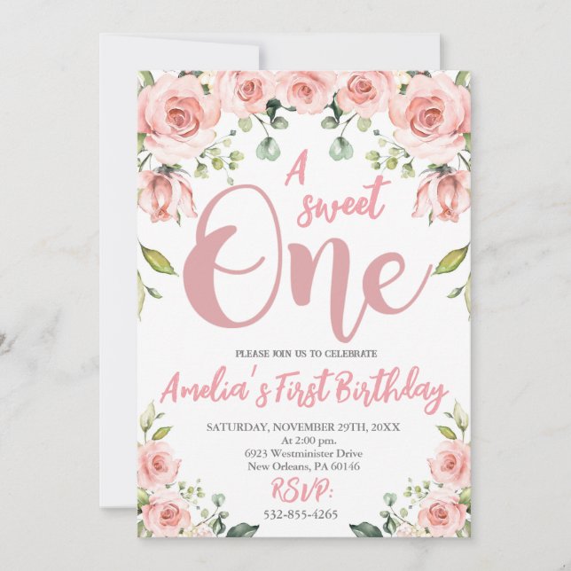 Invitación Rubor Pink Floral A Sweet One First Birday (Anverso)