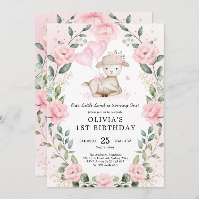Invitación Rubor Pink Floral Baby Sheep Lamb Chica Cumpleaños (Anverso / Reverso)