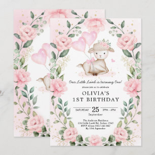 Invitación Rubor Pink Floral Baby Sheep Lamb Chica Cumpleaños