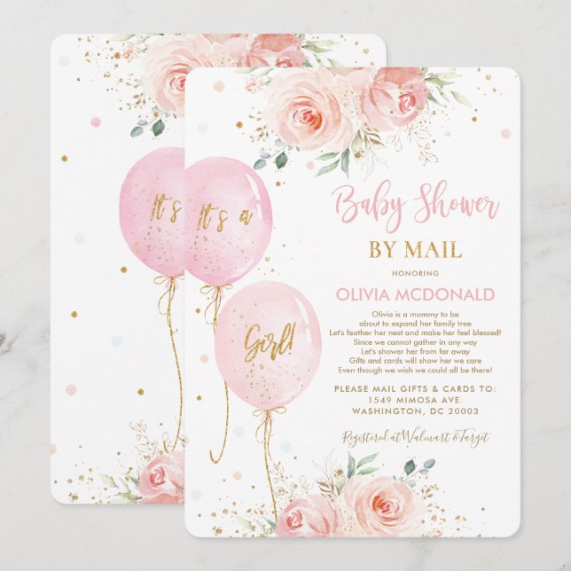 Invitación Rubor Pink Floral Balloons Gold Baby Shower de Mai (Anverso / Reverso)