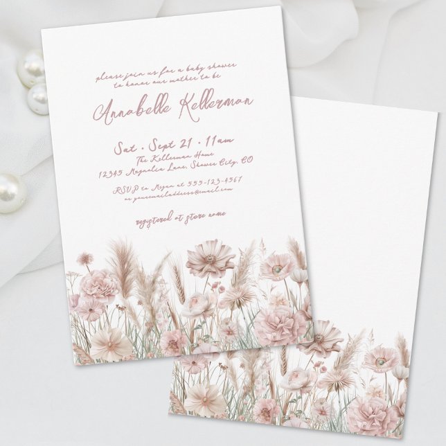 Invitación Rubor Pink Floral Boho Baby Shower (Blush Pink Pampas Floral Boho Baby Shower Invitation)