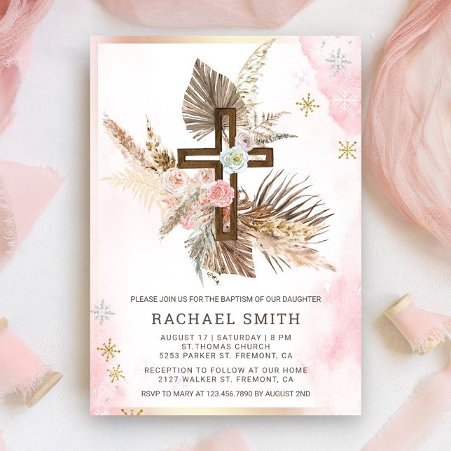 Invitación Rubor Pink Floral Boho Pampas Cruce de Madera Baut (Subido por el creador)