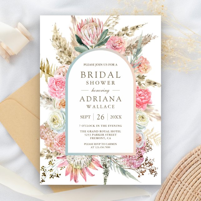 Invitación Rubor Pink Floral Boho Pampas Grass Bridal Shower (Subido por el creador)