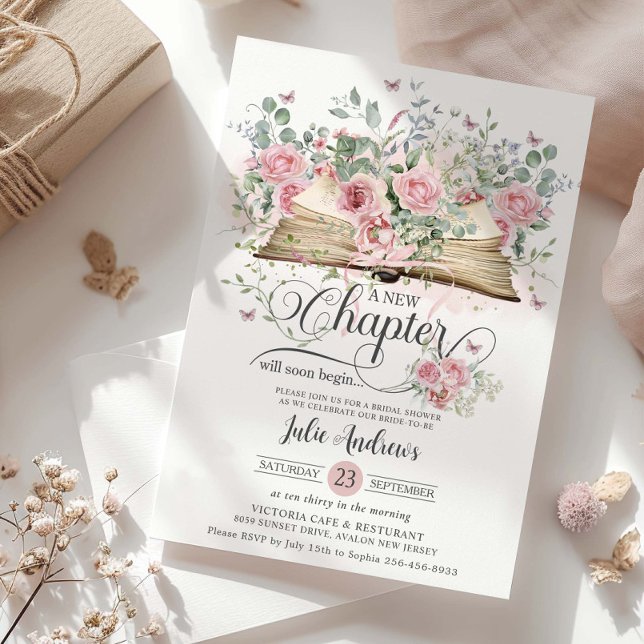Invitación Rubor Pink Floral Book New Chapter Bridal Shower (Subido por el creador)