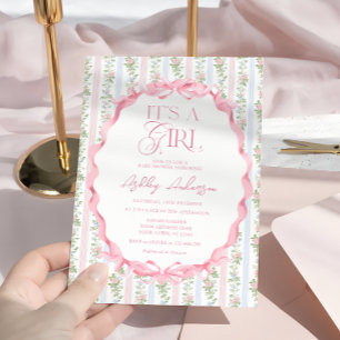 Invitación Rubor Pink Floral Bow It's a Chica Baby Shower