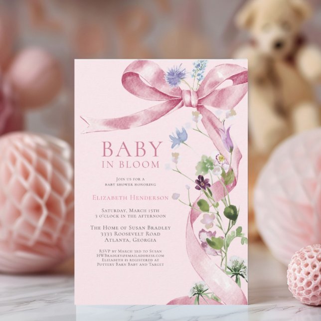 Invitación Rubor Pink Floral Bow Wildflower Baby Shower (Subido por el creador)