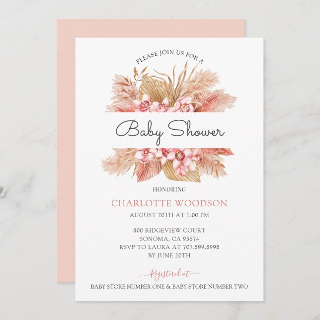 Invitación Rubor Pink Floral Chica Baby Shower (Anverso / Reverso)