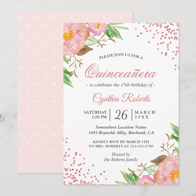 Invitación Rubor Pink Floral Confetti Quinceañera Cumpleaños (Anverso / Reverso)