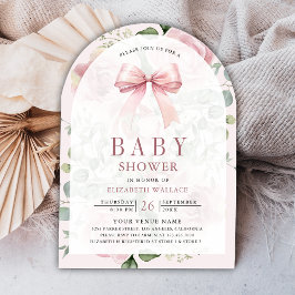 Invitación Rubor Pink Floral Coquette Bow Arch Baby Shower