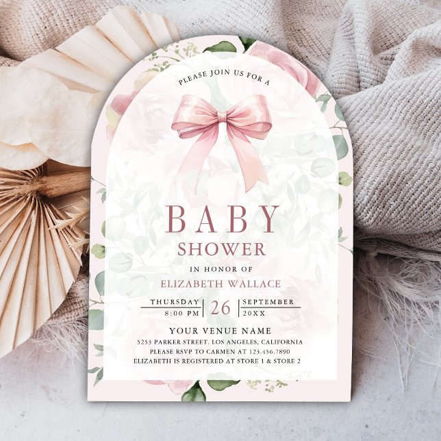Invitación Rubor Pink Floral Coquette Bow Arch Baby Shower (Subido por el creador)
