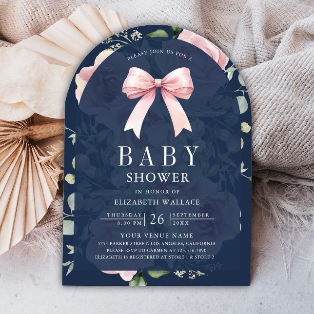 Invitación Rubor Pink Floral Coquette Bow Navy Baby Shower (Subido por el creador)