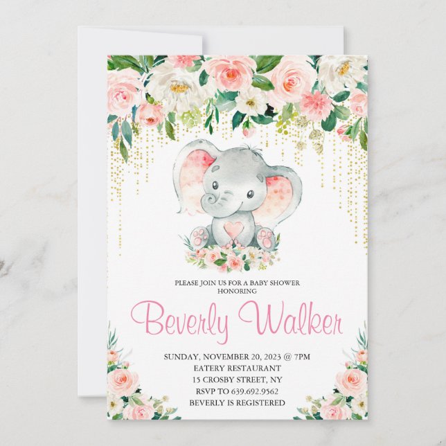 Invitación Rubor Pink Floral Cute Elephant Baby Shower (Anverso)