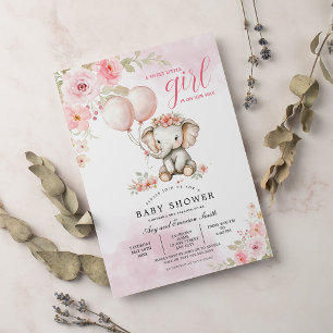 Invitación Rubor Pink Floral Cute Elephant Baby Shower