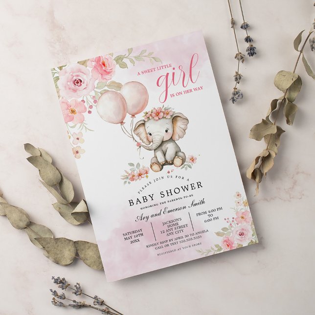 Invitación Rubor Pink Floral Cute Elephant Baby Shower (Subido por el creador)