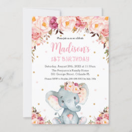 Invitación Rubor Pink Floral Cute Elephant Primer cumpleaños