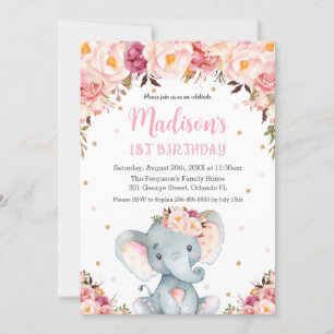 Invitación Rubor Pink Floral Cute Elephant Primer cumpleaños