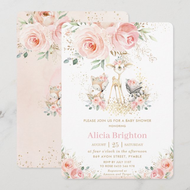 Invitación Rubor Pink Floral Cute Woodland Girly Baby Shower (Anverso / Reverso)