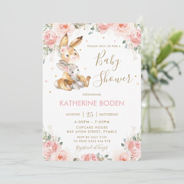 Invitación Rubor Pink Floral de conejo chiquito  (Anverso de pie)