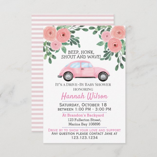 Invitación Rubor Pink Floral Drive By Baby Shower Parade (Anverso / Reverso)