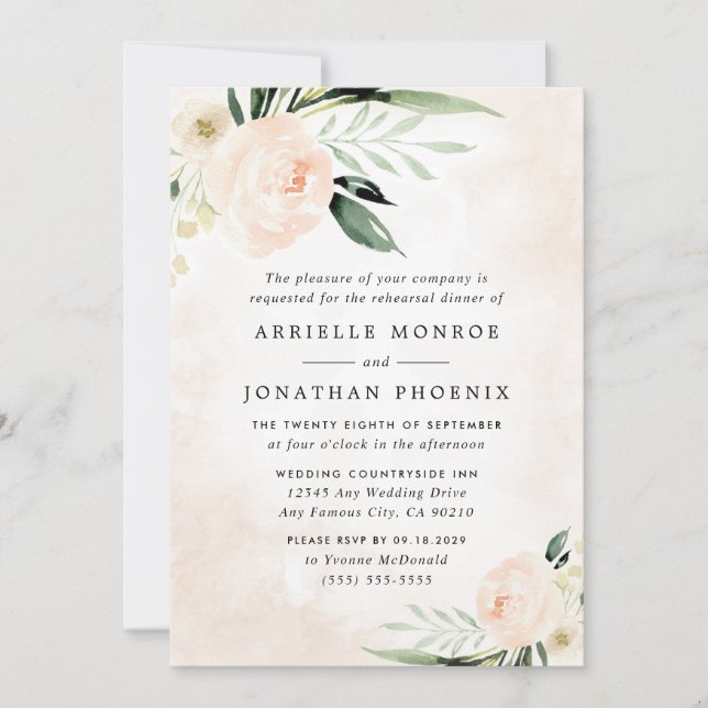 Invitación Rubor Pink Floral Elegante Jardín Ensayo Cena (Anverso)