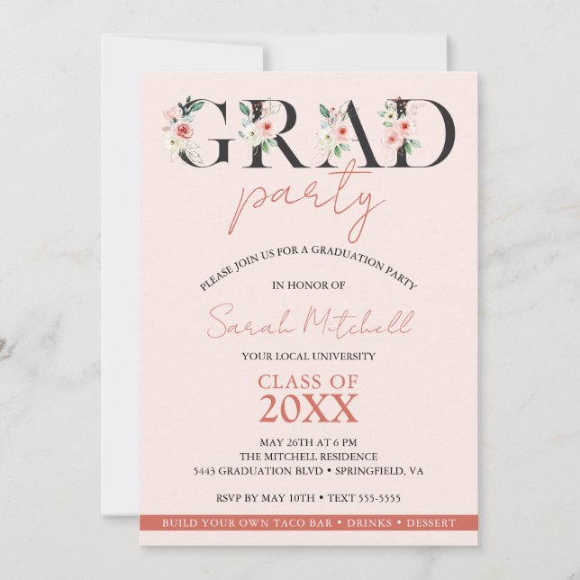 Invitación Rubor Pink Floral (Fiesta de la Graduación Girator (Anverso)