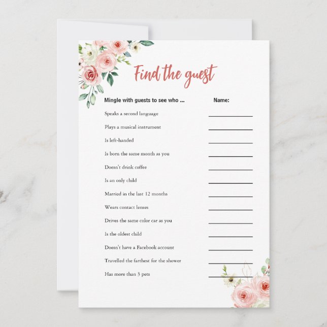 Invitación Rubor Pink Floral Find the Guest Shower Game Card (Anverso)