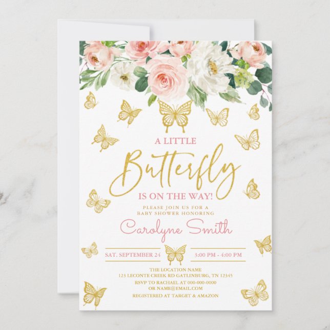 Invitación Rubor Pink Floral Gold Butfly Baby Shower (Anverso)