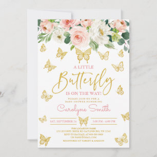 Invitación Rubor Pink Floral Gold Butfly Baby Shower