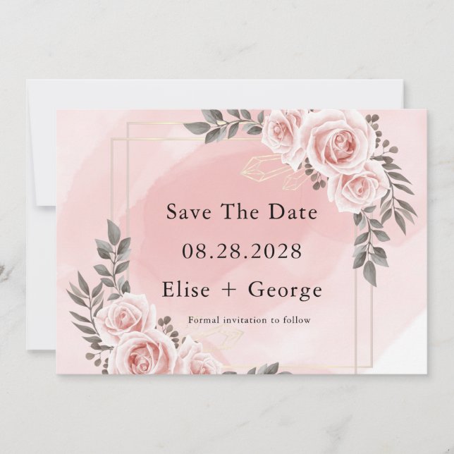 Invitación Rubor Pink Floral Gold Crystal Save The Date (Anverso)