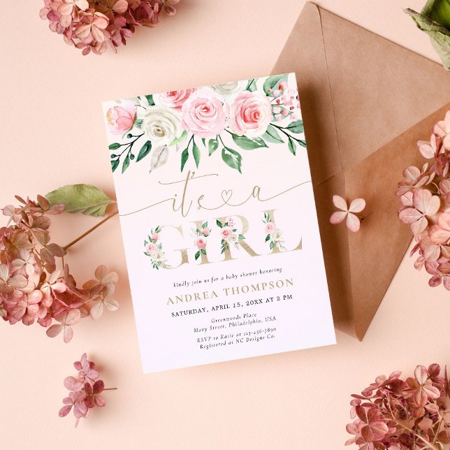 Invitación Rubor Pink Floral Gold es un Baby Shower Chica (Subido por el creador)