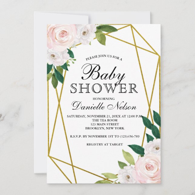 Invitación Rubor Pink Floral Gold Frame Baby Shower (Anverso)