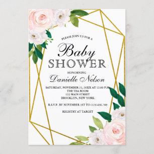 Invitación Rubor Pink Floral Gold Frame Baby Shower