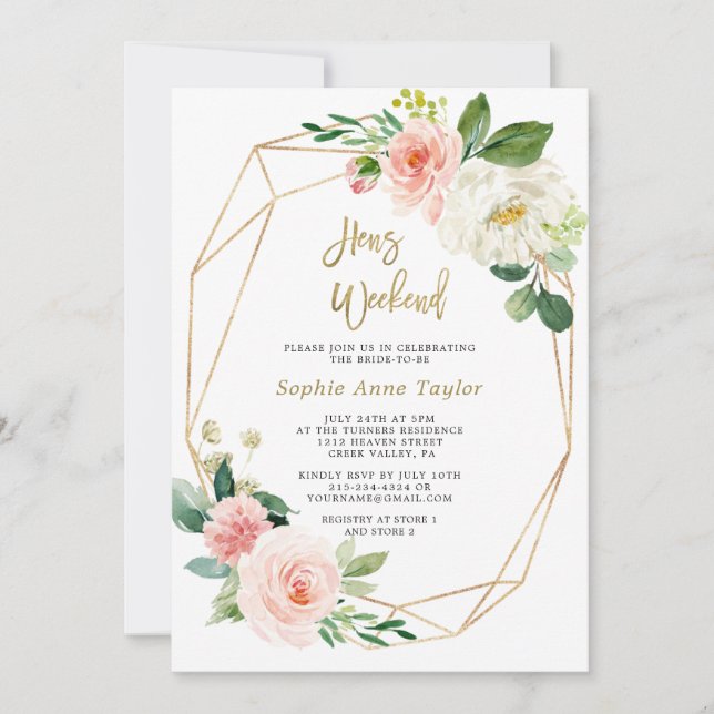 Invitación Rubor Pink Floral Gold Frame Bacheloret Weekend (Anverso)
