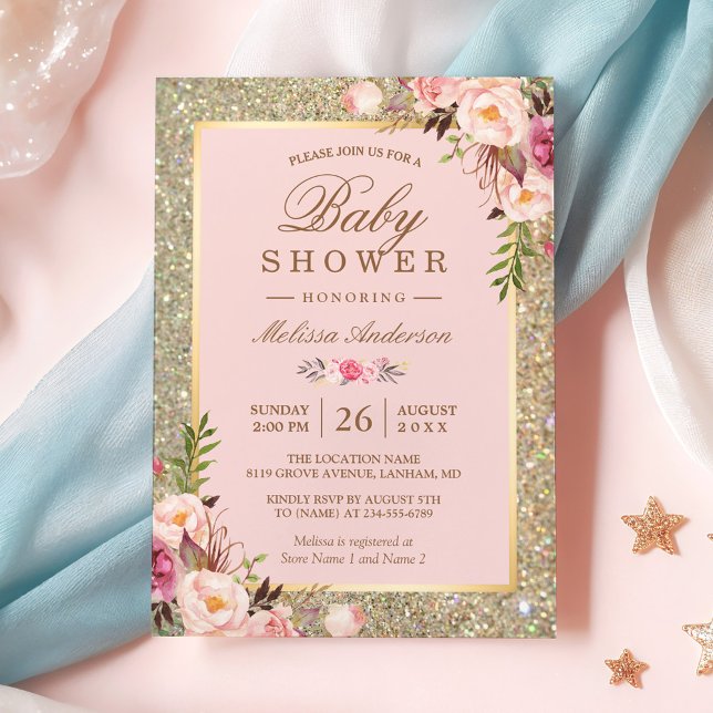 Invitación Rubor Pink Floral Gold Sparkings Baby Shower (Subido por el creador)