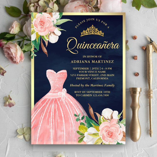 Invitación Rubor Pink Floral Gown Navy Blue Gold Quinceanera (Subido por el creador)